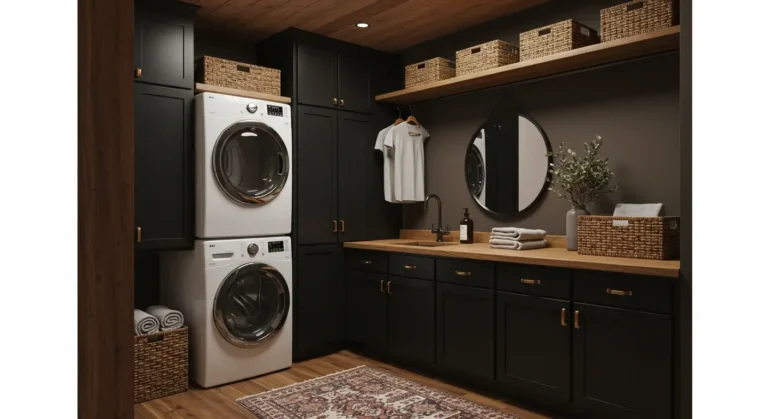 Rustic laundry room with stacked washer and dryer, wooden ceiling, black cabinetry, wicker baskets, and cozy farmhouse décor.