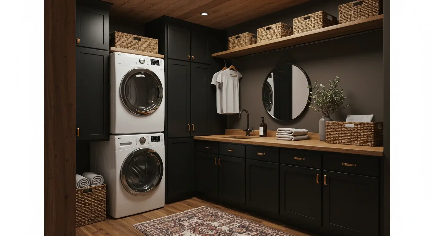Rustic laundry room with stacked washer and dryer, wooden ceiling, black cabinetry, wicker baskets, and cozy farmhouse décor.