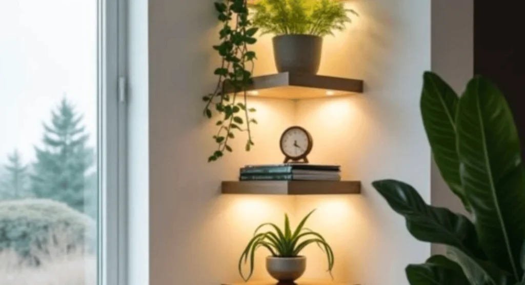 Corner floating shelves with plants and décor, illuminated with warm lighting in a modern living room interior design.