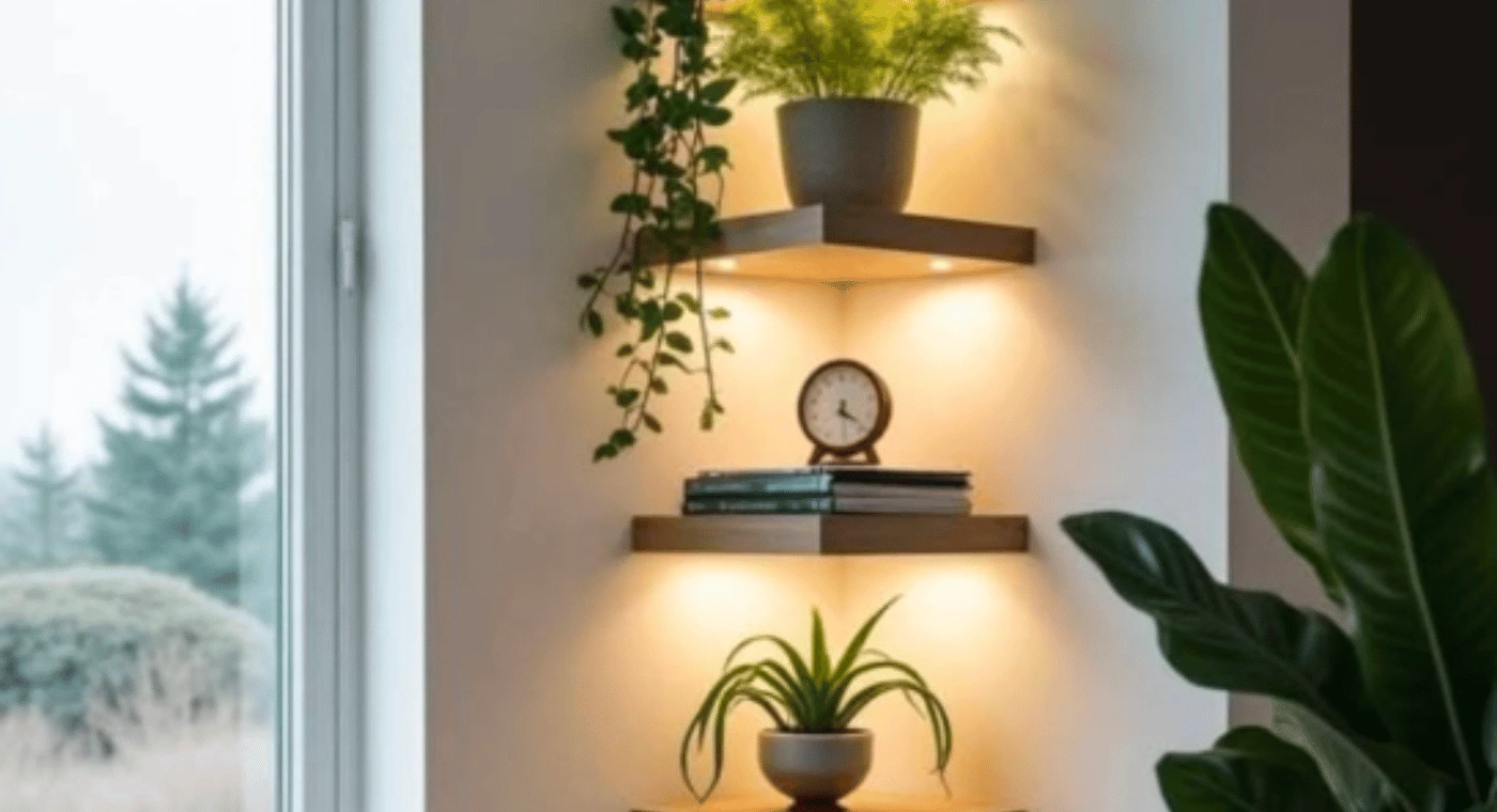 Corner floating shelves with plants and décor, illuminated with warm lighting in a modern living room interior design.