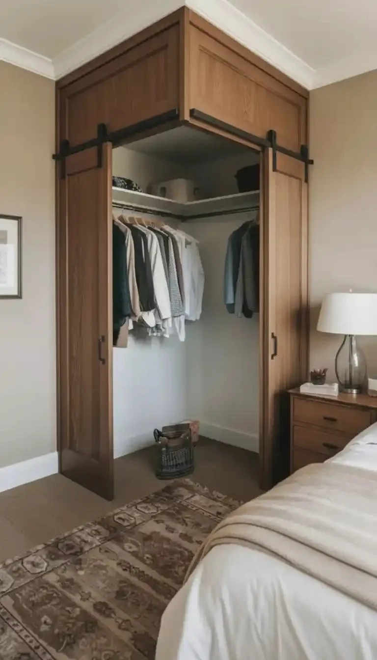 Stylish bedroom closets with doors located next to the bed for enhanced storage.