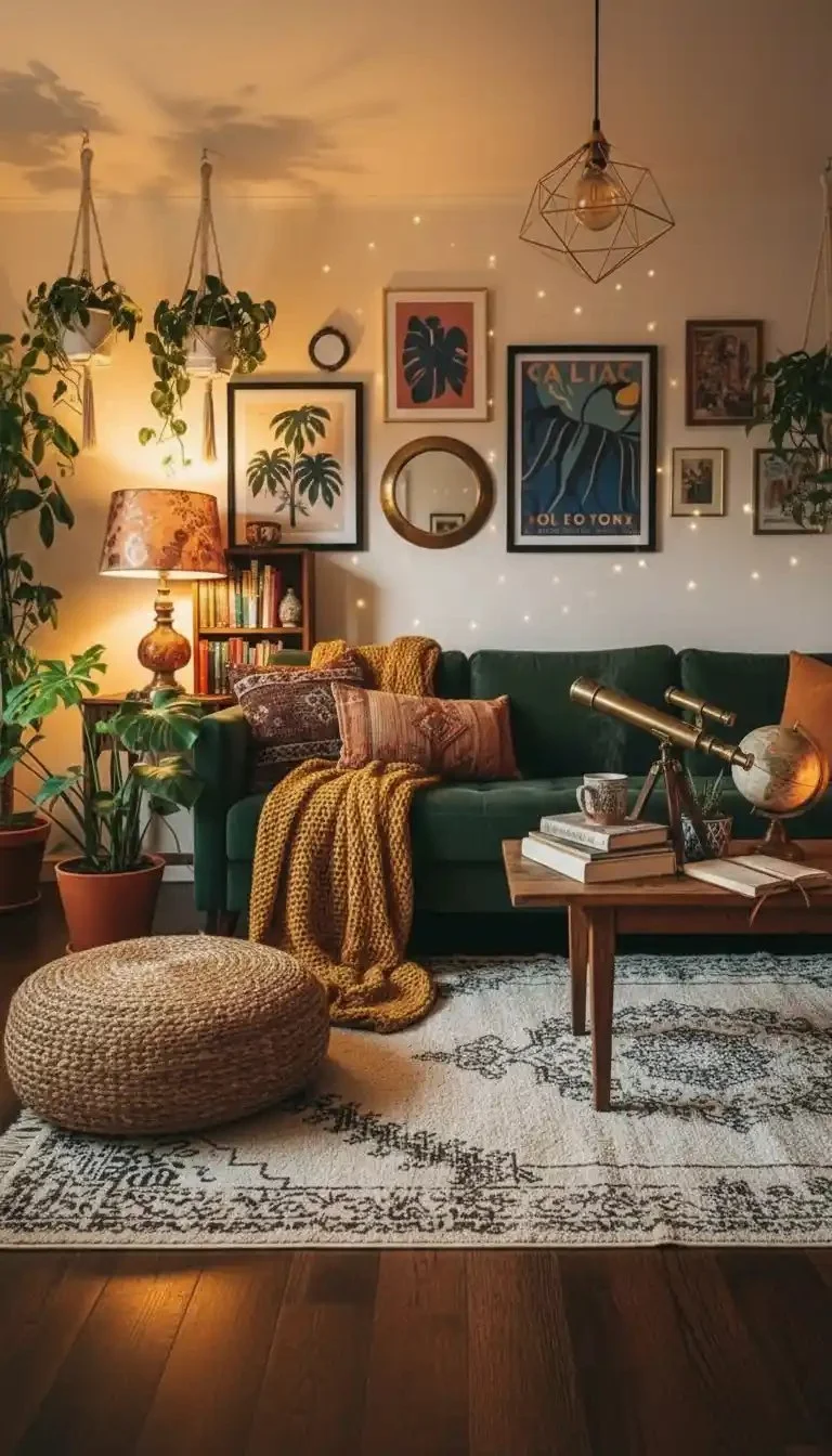 Cozy living room featuring Bohemian decor and eclectic furnishings.