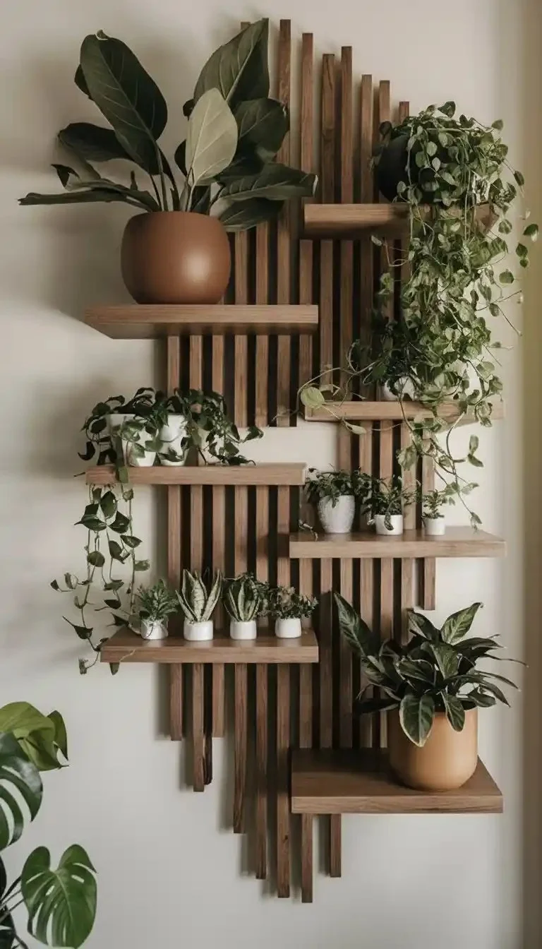 Wooden panel wall with shelves, showcasing a stylish home interior design